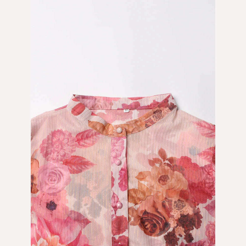 VGH Patchwork Lace Up Printing Vintage Dresses For Women Round Neck Long Sleeve High Waist Spliced Button Elegant Dress Female - KIMLUD