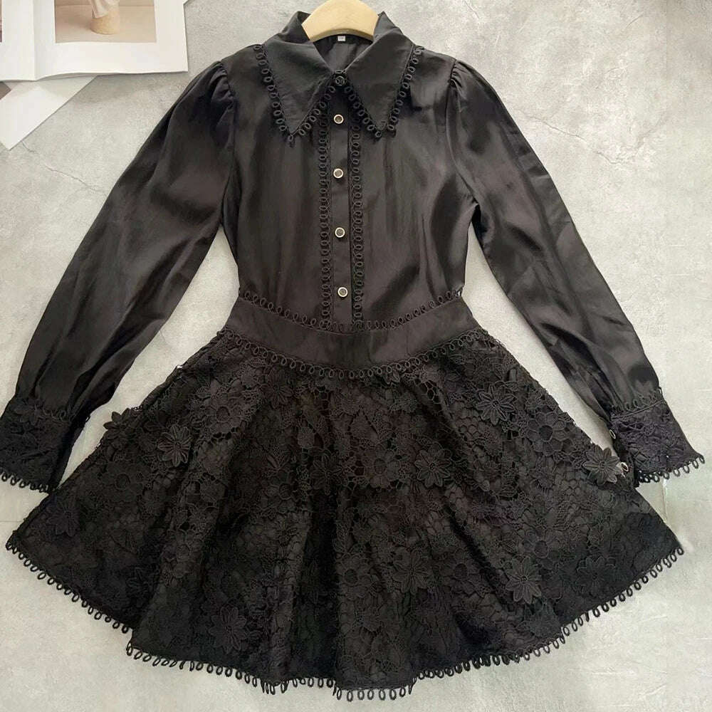 VGH Solid Embroidery Two Piece Set For Women Lapel Long Sleeve Spliced Button Top High Waist A Line Skirt Casual Sets Female New - KIMLUD