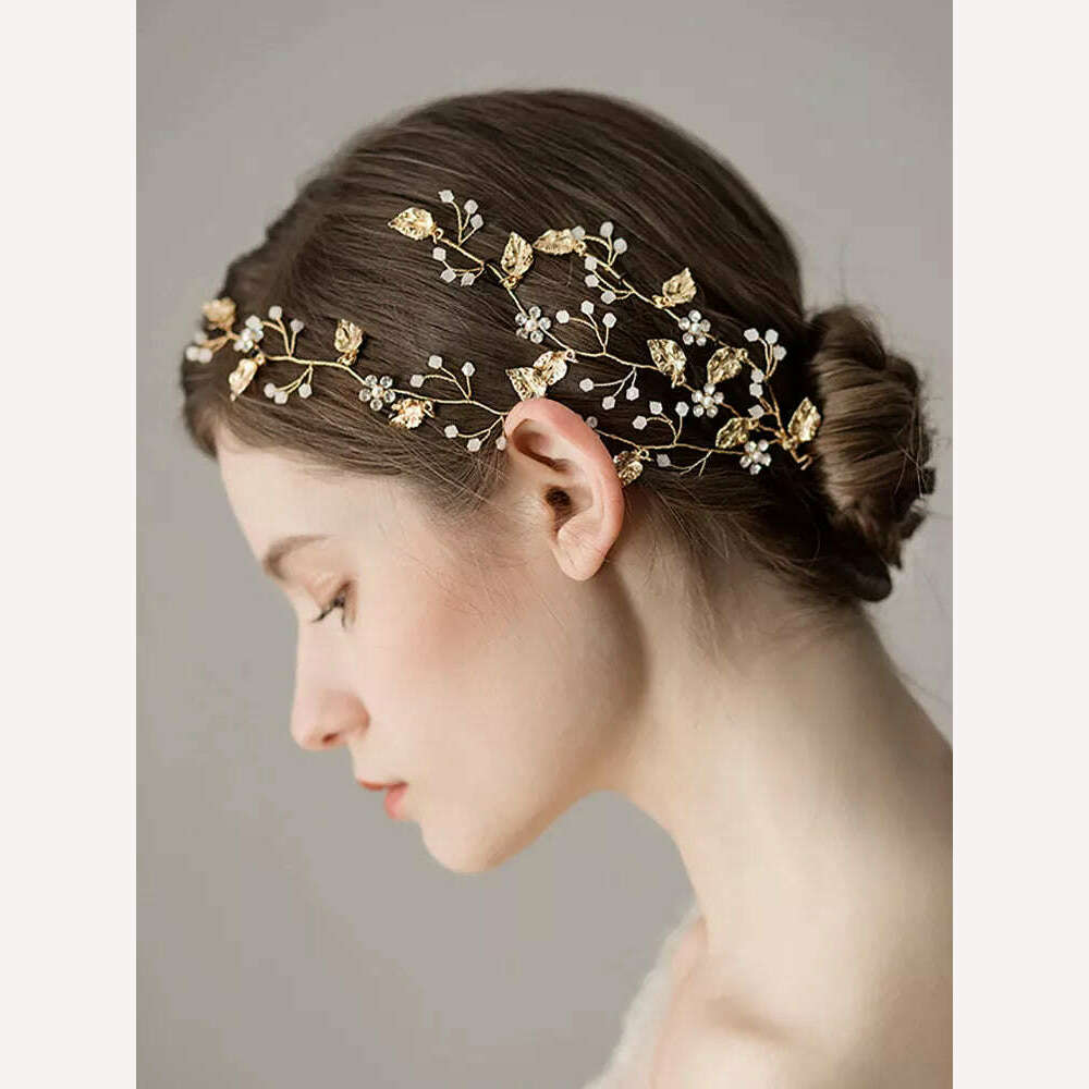 Vintage Bridal Hair Accessories Gold Rhinestones Flower And Leaves Handmade Headband Bridal Headpiece Wedding Hair Accessories - KIMLUD