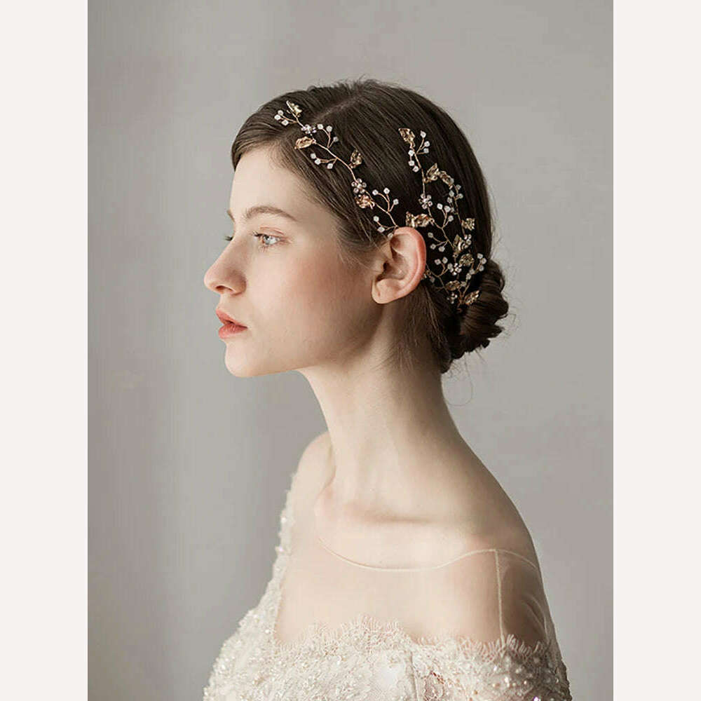 Vintage Bridal Hair Accessories Gold Rhinestones Flower And Leaves Handmade Headband Bridal Headpiece Wedding Hair Accessories - KIMLUD