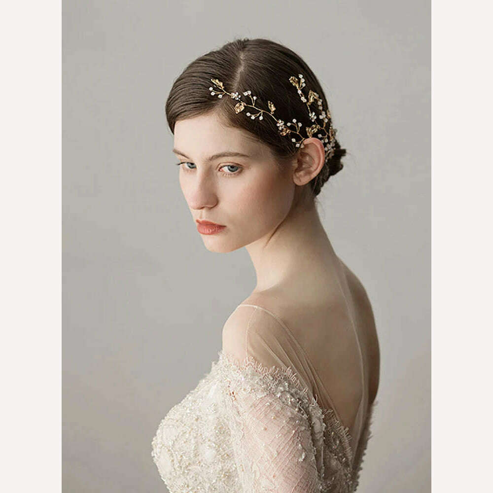 Vintage Bridal Hair Accessories Gold Rhinestones Flower And Leaves Handmade Headband Bridal Headpiece Wedding Hair Accessories - KIMLUD