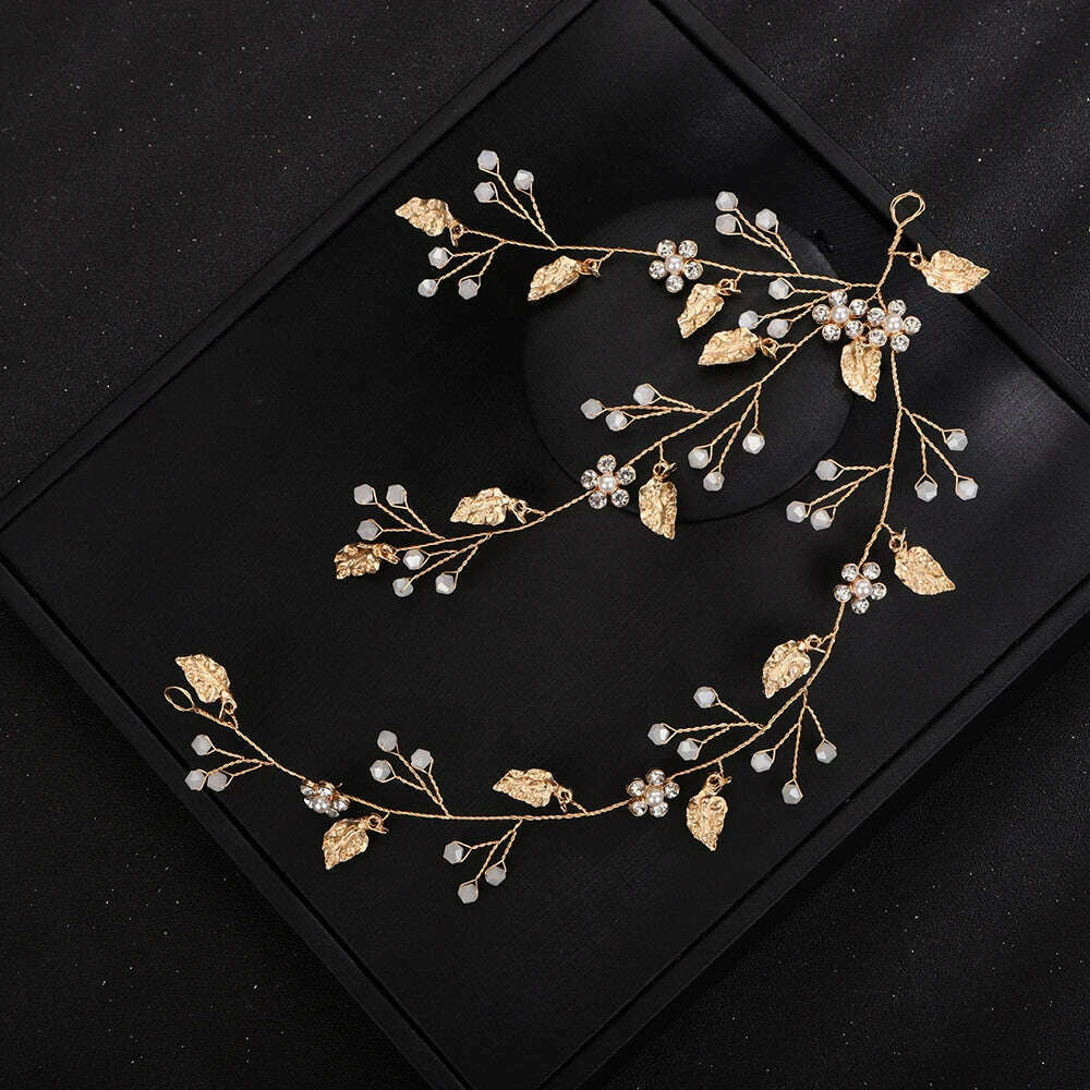 Vintage Bridal Hair Accessories Gold Rhinestones Flower And Leaves Handmade Headband Bridal Headpiece Wedding Hair Accessories - KIMLUD