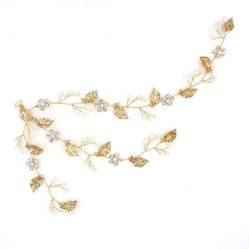 Vintage Bridal Hair Accessories Gold Rhinestones Flower And Leaves Handmade Headband Bridal Headpiece Wedding Hair Accessories - KIMLUD