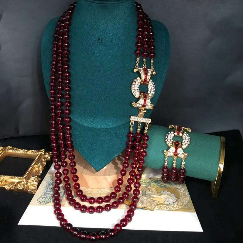 Vintage multi-layer garnet glaze bead sweater Bracelet Premium Switch Necklace bracelet set - KIMLUD