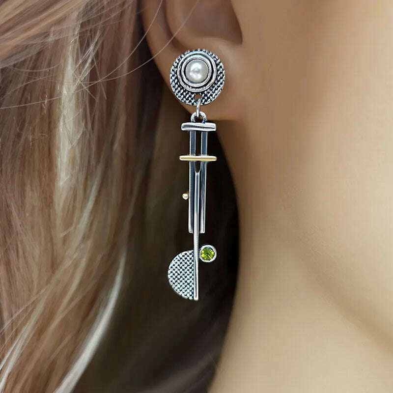Vintage Round Semicircle Long Bar Pearl Earrings Hip Hop Punk Mechanical Drop Dangle Steampunk Disc Pendant Earrings Jewelry - KIMLUD