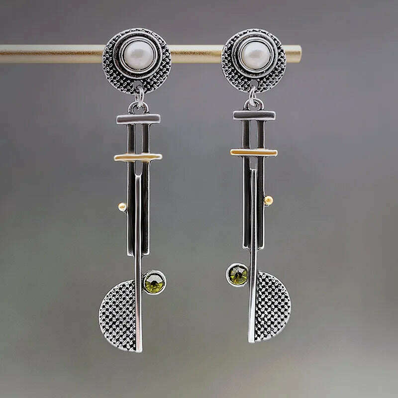 Vintage Round Semicircle Long Bar Pearl Earrings Hip Hop Punk Mechanical Drop Dangle Steampunk Disc Pendant Earrings Jewelry - KIMLUD