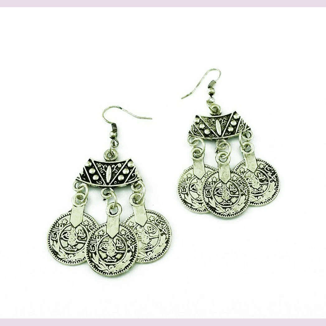 Vintage Silvery Beach Coins Choker Necklace Drop Earrings Set for Women Gypsy Tribal Afghan Pakistan Ethnic Dress Indian Jewelry - KIMLUD