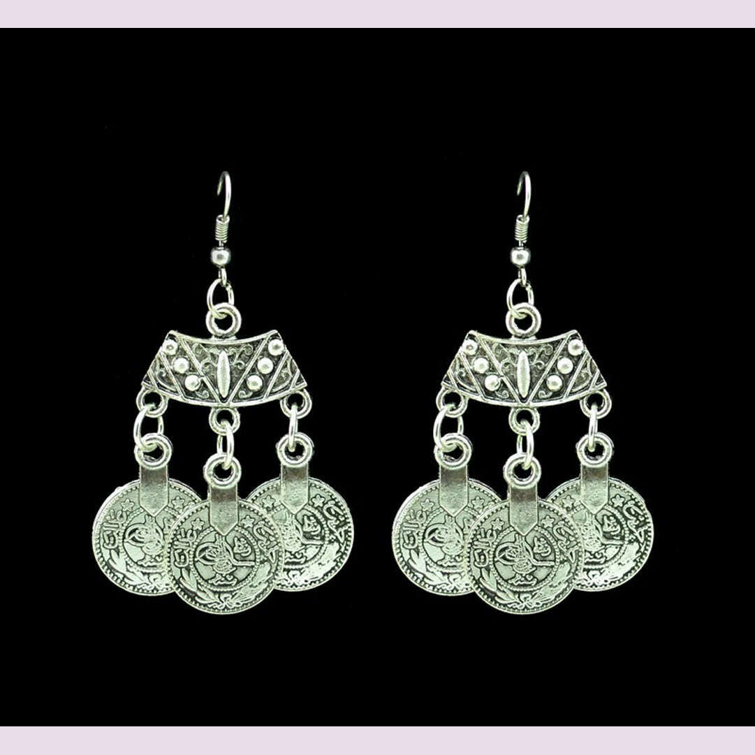 Vintage Silvery Beach Coins Choker Necklace Drop Earrings Set for Women Gypsy Tribal Afghan Pakistan Ethnic Dress Indian Jewelry - KIMLUD