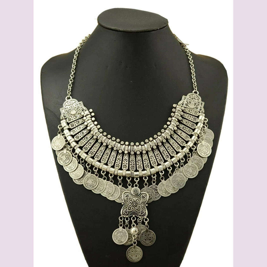 Vintage Silvery Beach Coins Choker Necklace Drop Earrings Set for Women Gypsy Tribal Afghan Pakistan Ethnic Dress Indian Jewelry - KIMLUD