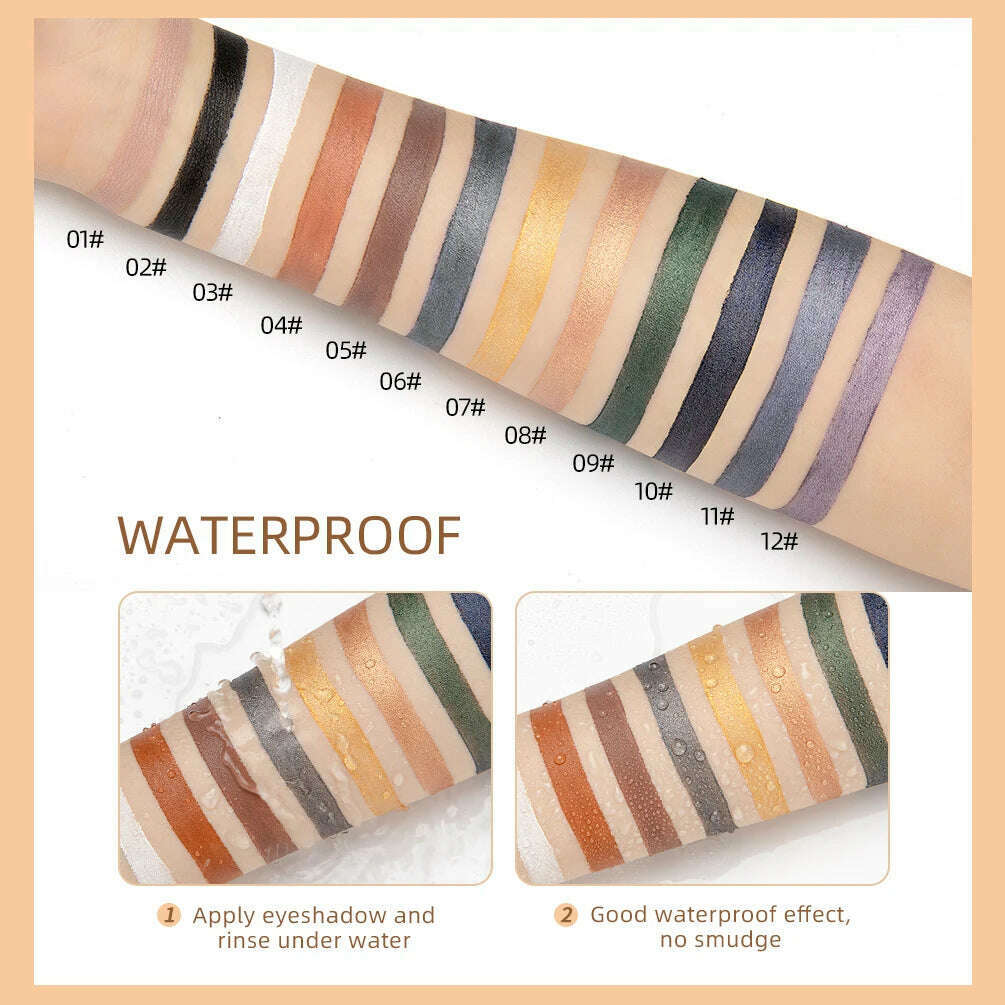Waterproof Pearlescent Eyeshadow Pencil Stick 12 Colors Lasting Glitter Shimmer Eye Shadow Pen Eyeliner Stick Eyes Makeup Tools - KIMLUD