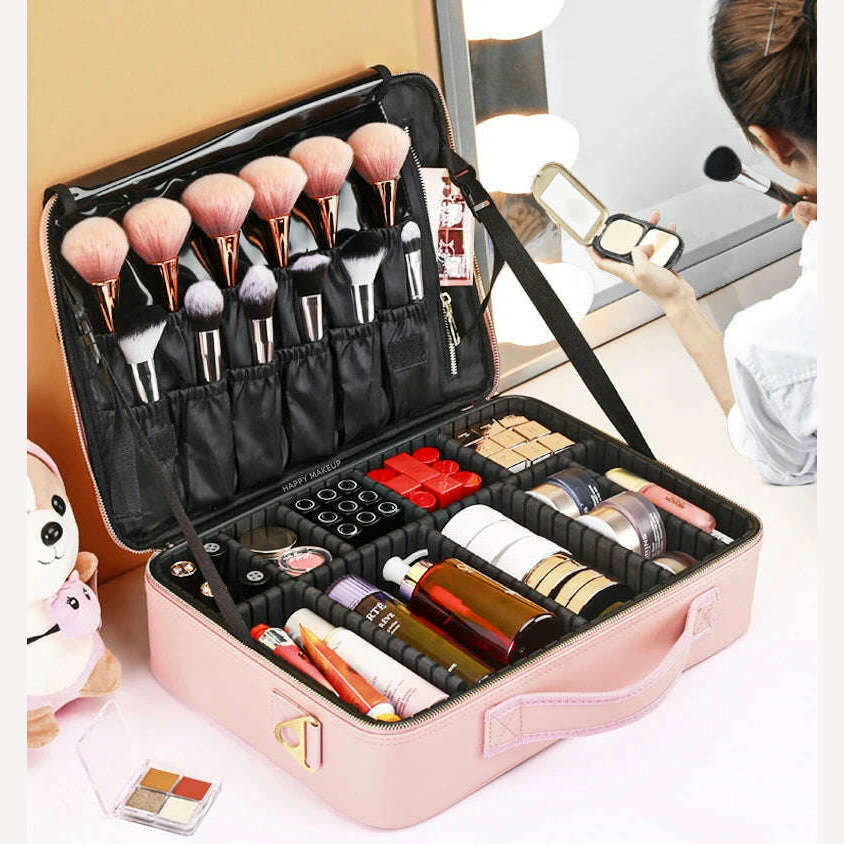 Waterproof PU Leather Cosmetic Bag Professional Large Capacity Storage Make up Handbag Case Travel Toiletry Makeup bag For Women - KIMLUD