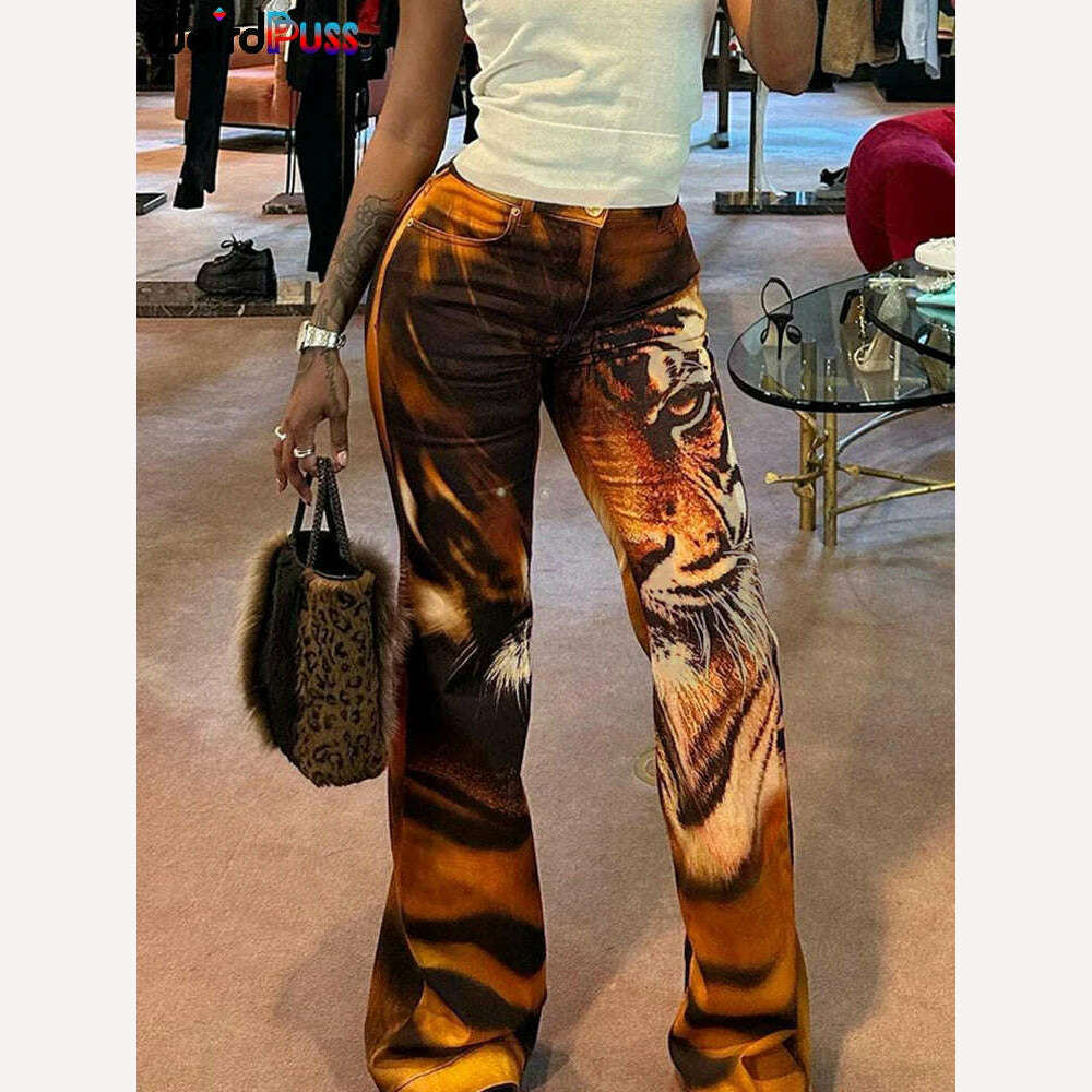 Weird Puss Tiger Print Flare Pants Women 2023 Y2K Summer Trend Skinny Elastic Wild Casual Streetwear Basic High Waist Trousers - KIMLUD