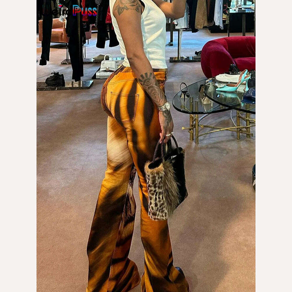 Weird Puss Tiger Print Flare Pants Women 2023 Y2K Summer Trend Skinny Elastic Wild Casual Streetwear Basic High Waist Trousers - KIMLUD