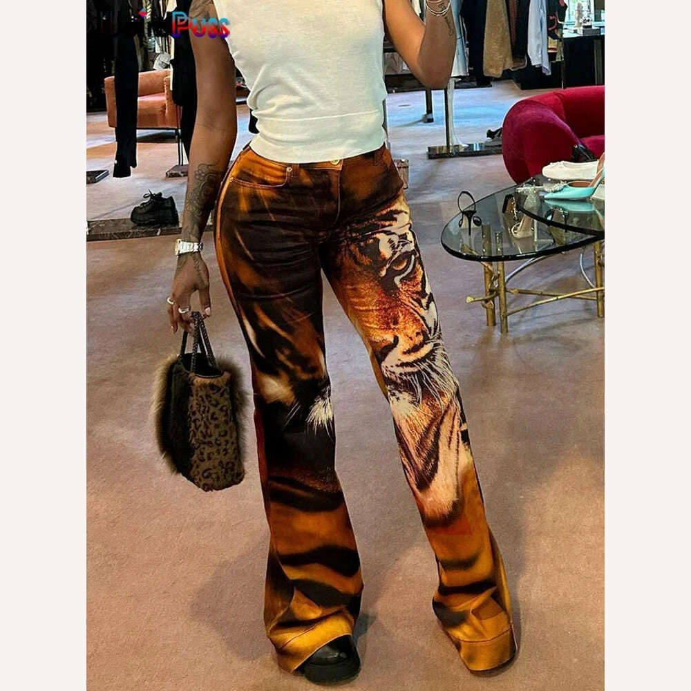 Weird Puss Tiger Print Flare Pants Women 2023 Y2K Summer Trend Skinny Elastic Wild Casual Streetwear Basic High Waist Trousers - KIMLUD