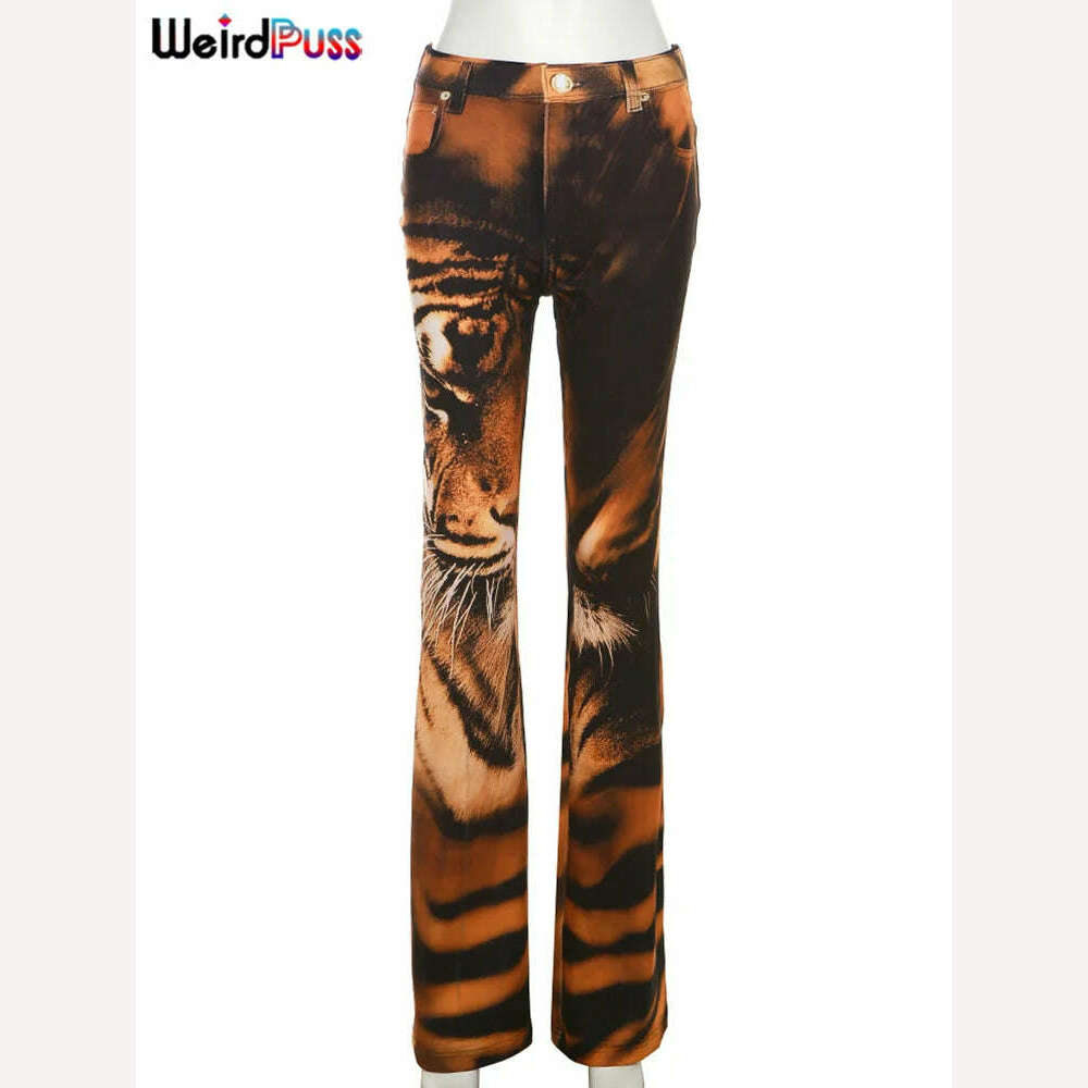 Weird Puss Tiger Print Flare Pants Women 2023 Y2K Summer Trend Skinny Elastic Wild Casual Streetwear Basic High Waist Trousers - KIMLUD