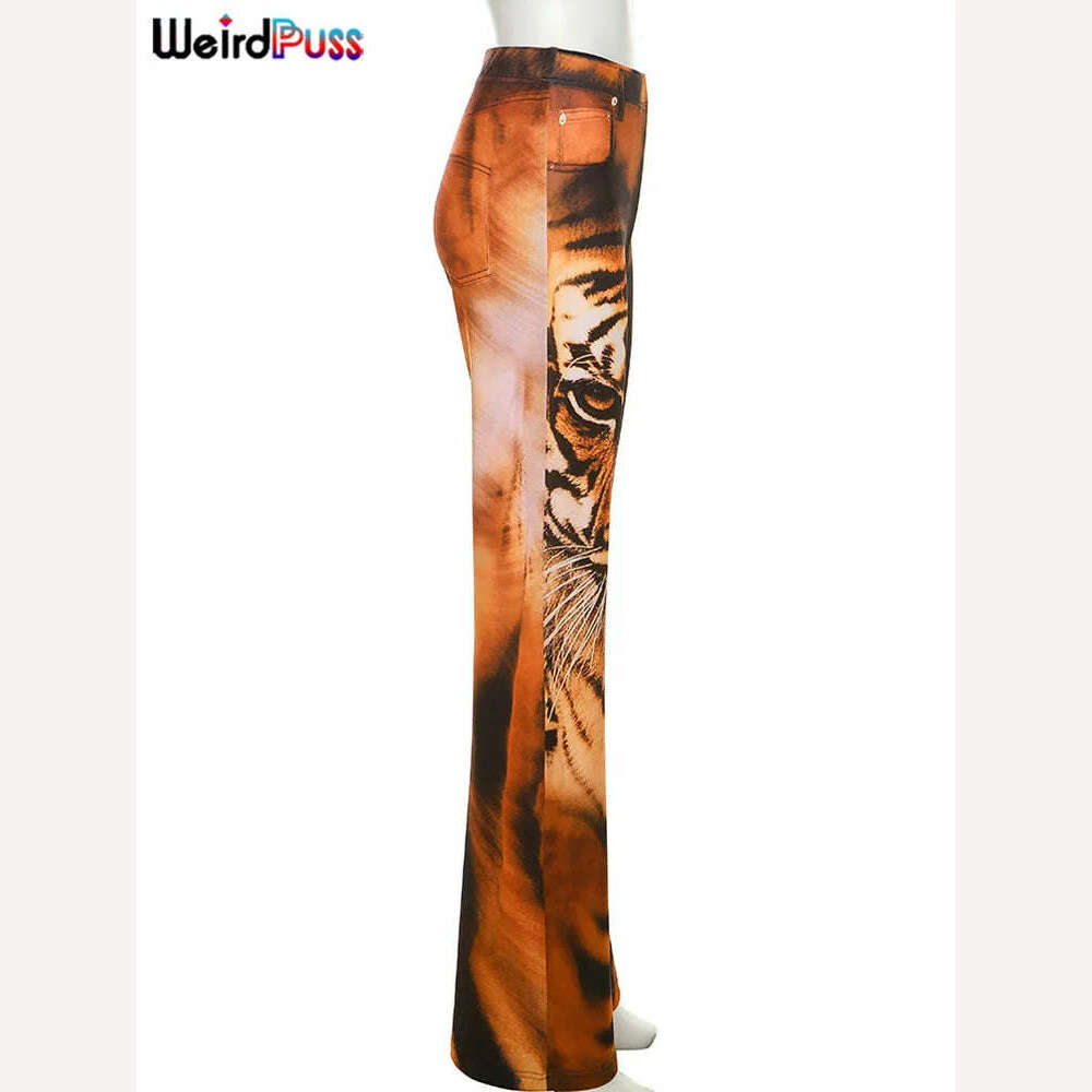 Weird Puss Tiger Print Flare Pants Women 2023 Y2K Summer Trend Skinny Elastic Wild Casual Streetwear Basic High Waist Trousers - KIMLUD