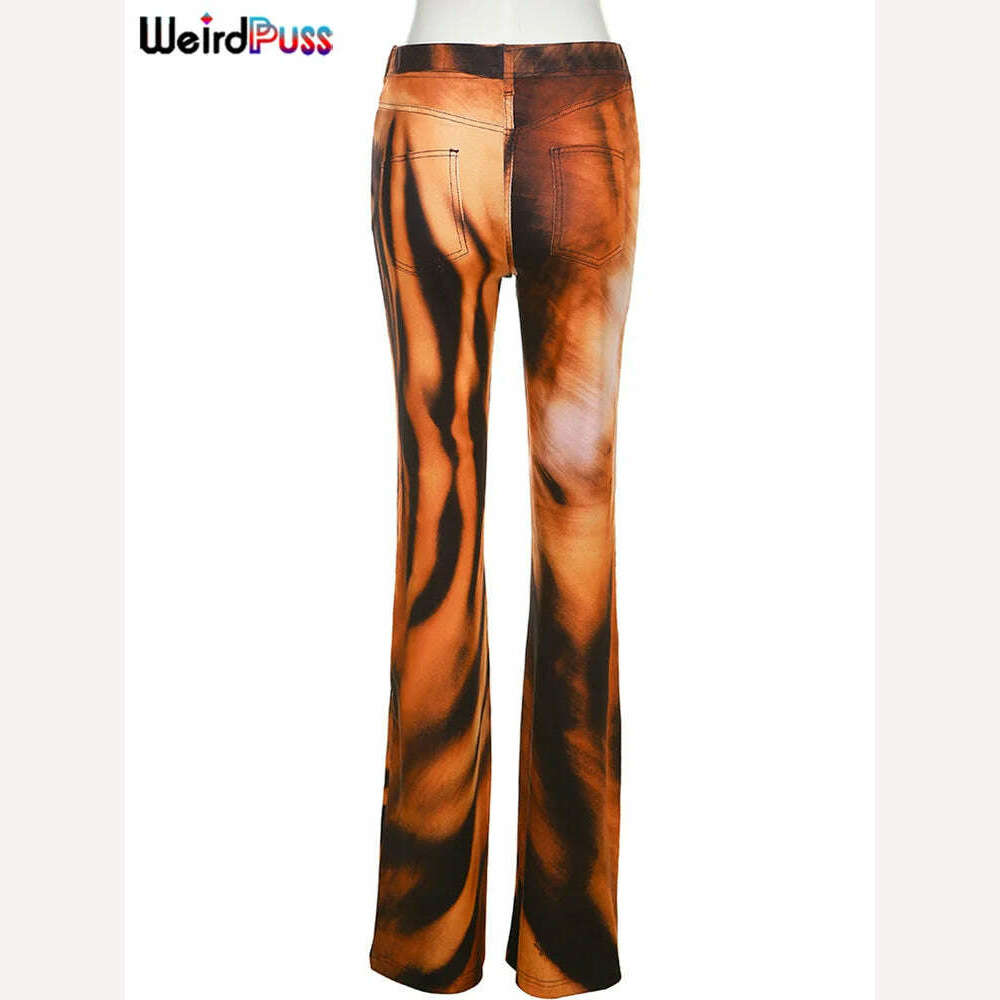 Weird Puss Tiger Print Flare Pants Women 2023 Y2K Summer Trend Skinny Elastic Wild Casual Streetwear Basic High Waist Trousers - KIMLUD