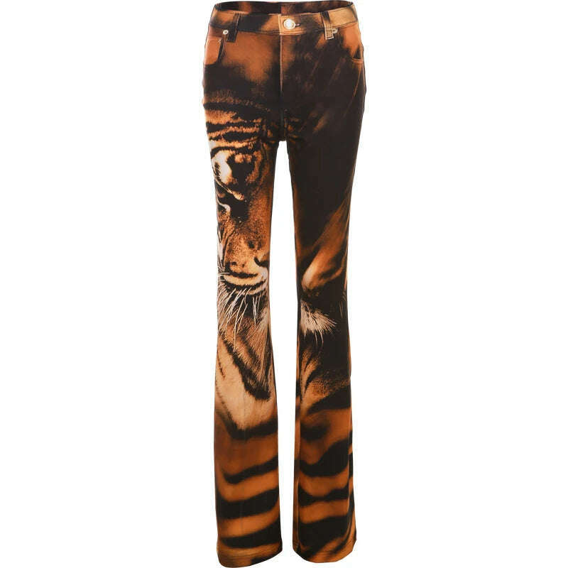 Weird Puss Tiger Print Flare Pants Women 2023 Y2K Summer Trend Skinny Elastic Wild Casual Streetwear Basic High Waist Trousers - KIMLUD