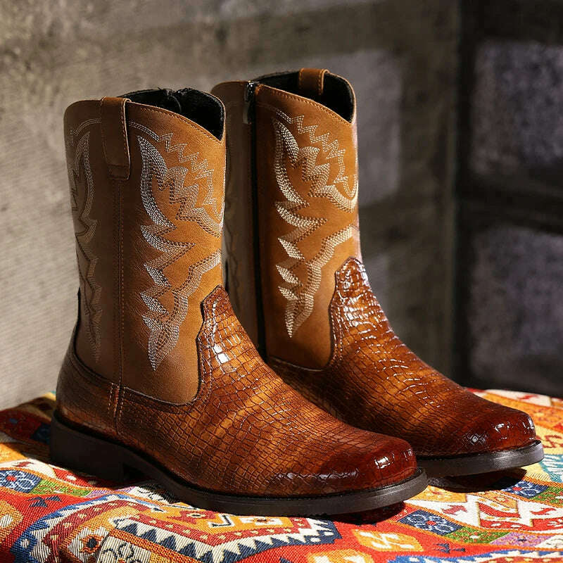 Western Cowboy Men's Boots Brown Black Mid-Calf Embroidery Square Toe Side Zipper Men Boots Size 38-48 - KIMLUD