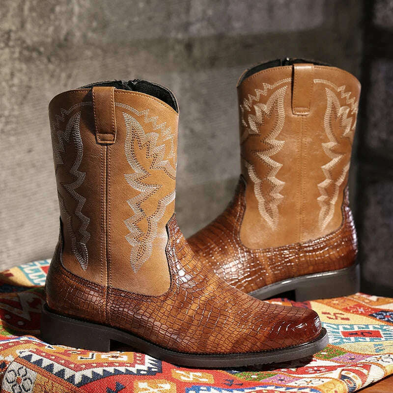 Western Cowboy Men's Boots Brown Black Mid-Calf Embroidery Square Toe Side Zipper Men Boots Size 38-48 - KIMLUD