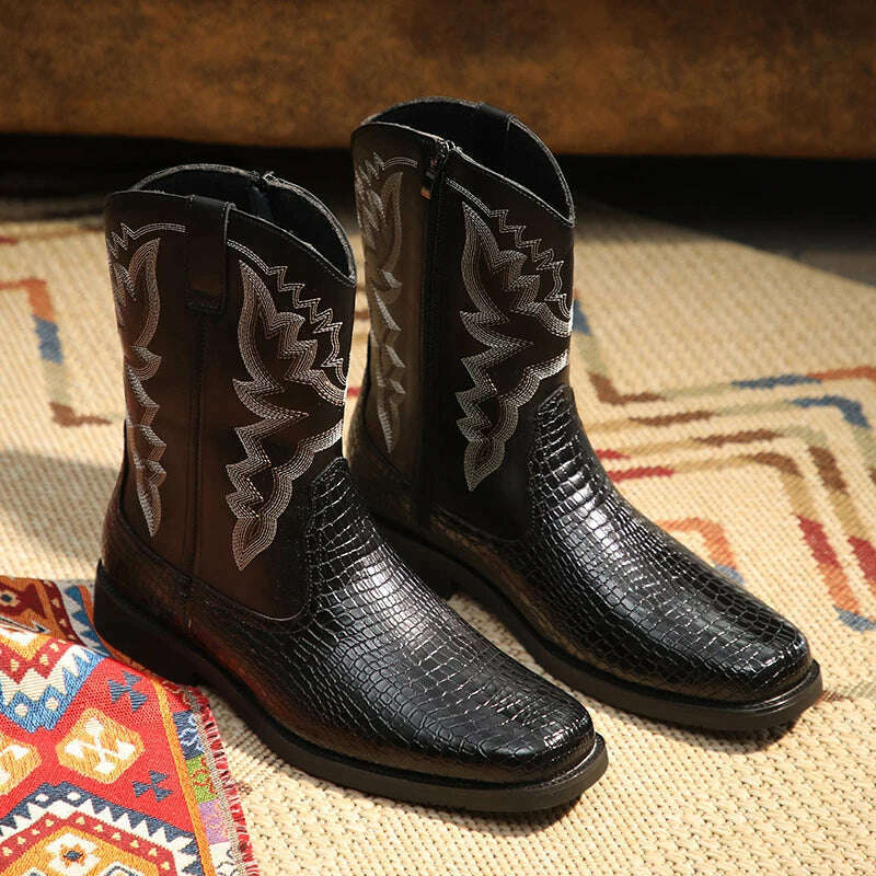 Western Cowboy Men's Boots Brown Black Mid-Calf Embroidery Square Toe Side Zipper Men Boots Size 38-48 - KIMLUD