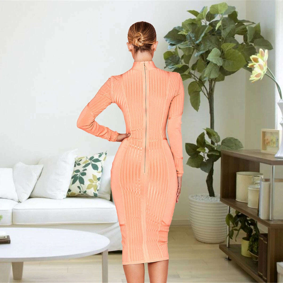 WillBeNice 2023 Orange Sexy Winter Bandage Dress Women Long Sleeve Bodycon high neck Dress Club Bodycon Cocktail Party Dress - KIMLUD