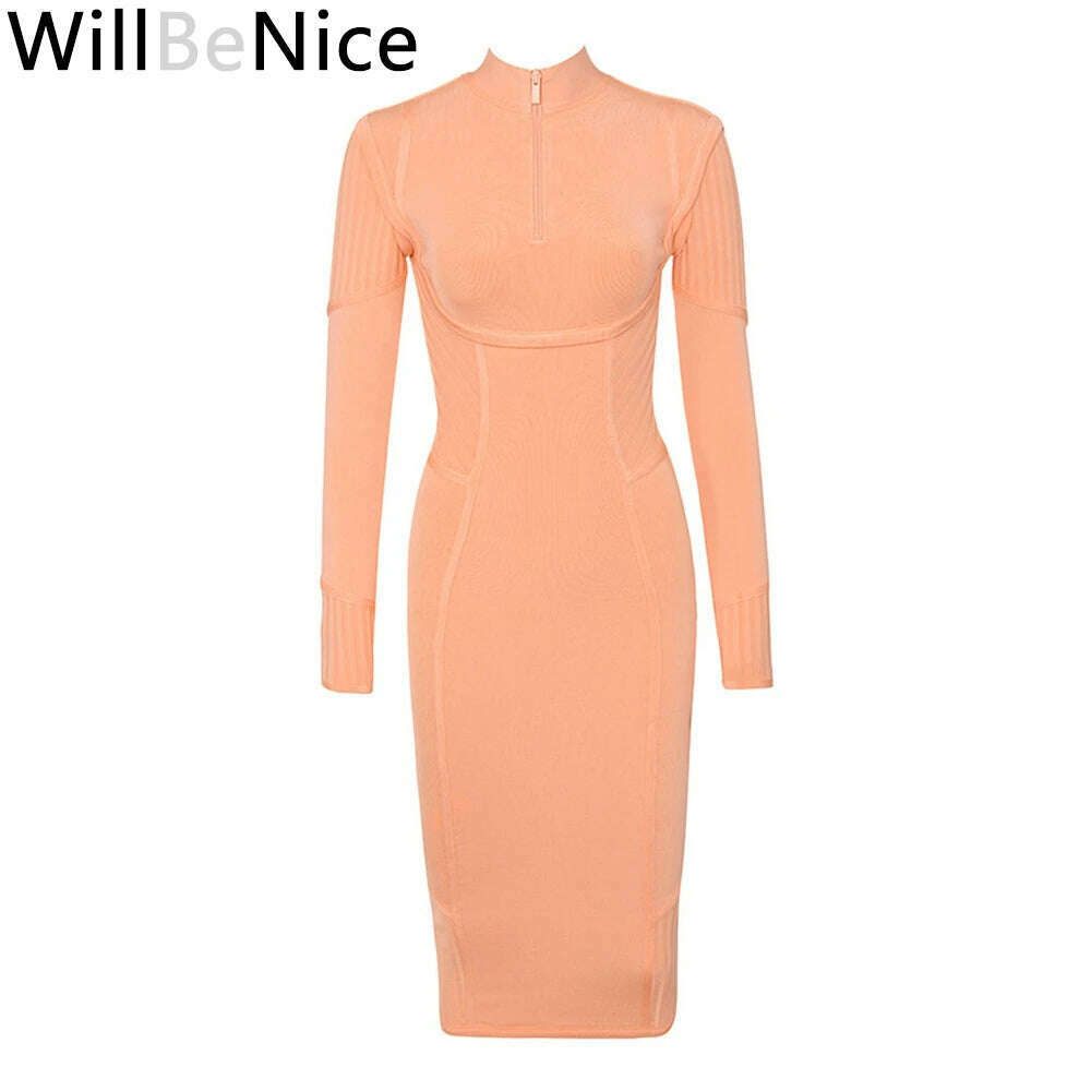 WillBeNice 2023 Orange Sexy Winter Bandage Dress Women Long Sleeve Bodycon high neck Dress Club Bodycon Cocktail Party Dress - KIMLUD