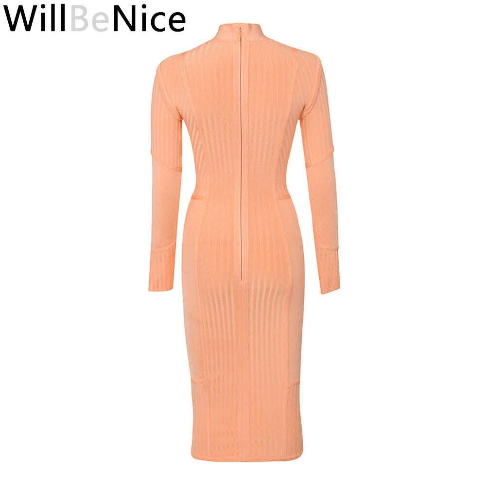 WillBeNice 2023 Orange Sexy Winter Bandage Dress Women Long Sleeve Bodycon high neck Dress Club Bodycon Cocktail Party Dress - KIMLUD