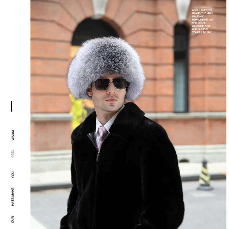 Winter Men's 100% Real Silver Fox Fur Bomber Hat Raccoon Fur Ushanka Cap Trapper Russian Man Ski Hats Caps Real Leather - KIMLUD