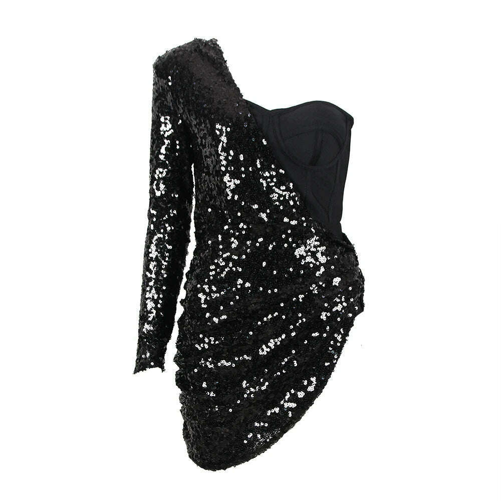 Women Bandages Dress Sexy Sequins One Shoulder Patchwork Clothes 2022 New Celebrity Party Club Mini Dresses - KIMLUD