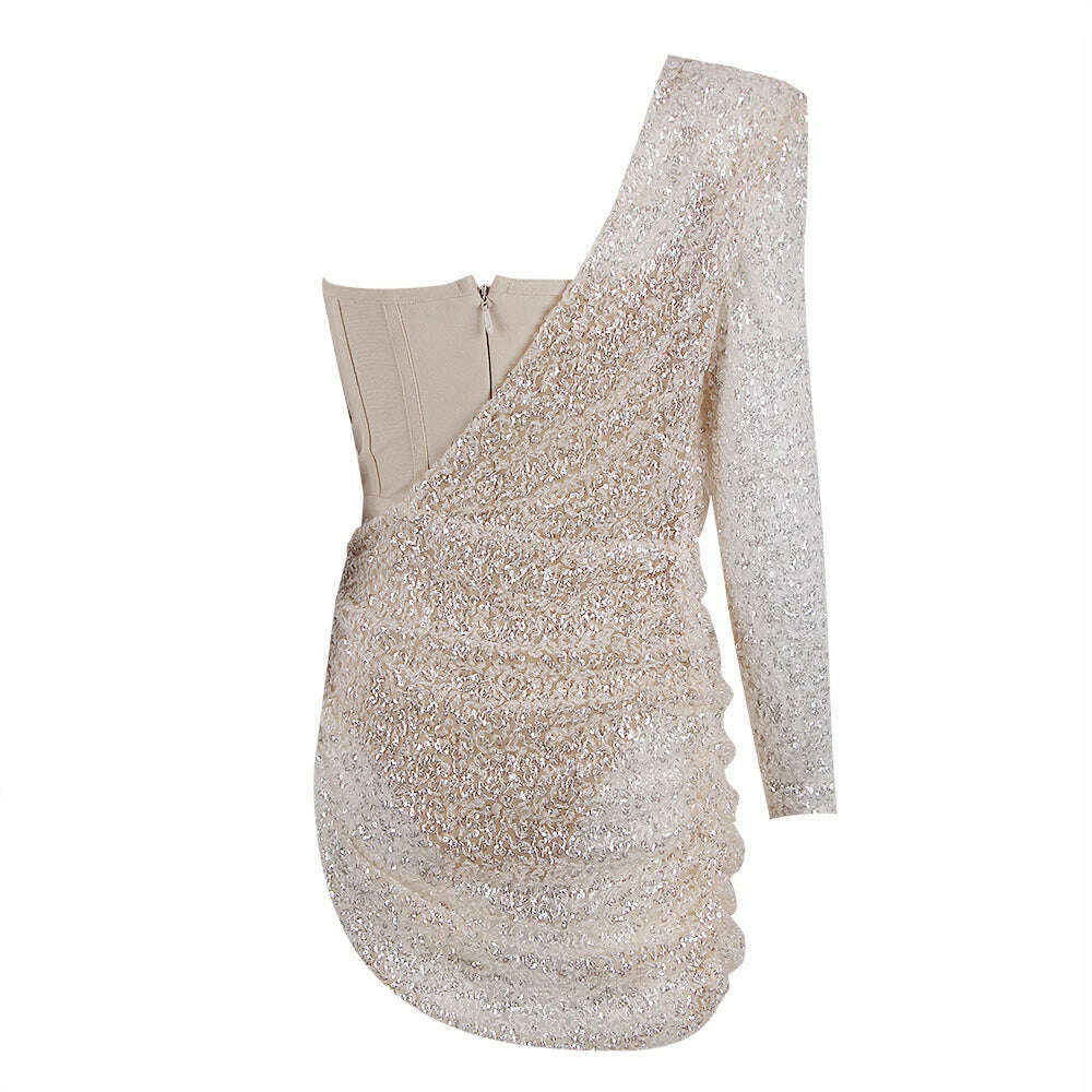 Women Bandages Dress Sexy Sequins One Shoulder Patchwork Clothes 2022 New Celebrity Party Club Mini Dresses - KIMLUD