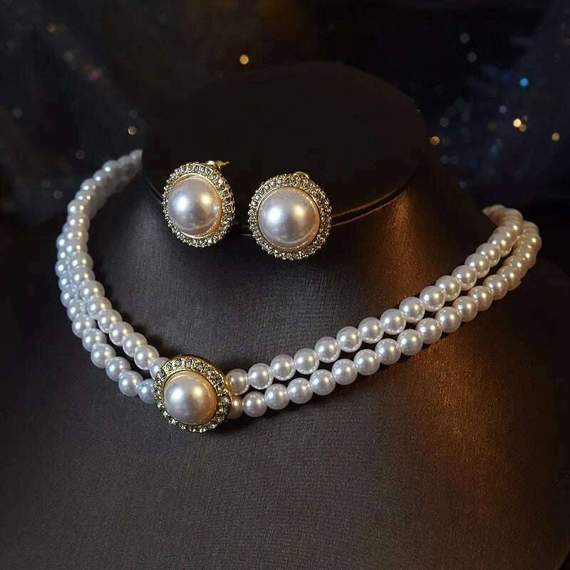 Women Elegant Pearl Double Layers Necklace Earrings Exquisite Vintage Classic Chains For Lady Party Wedding Retro Jewelry Choker - KIMLUD