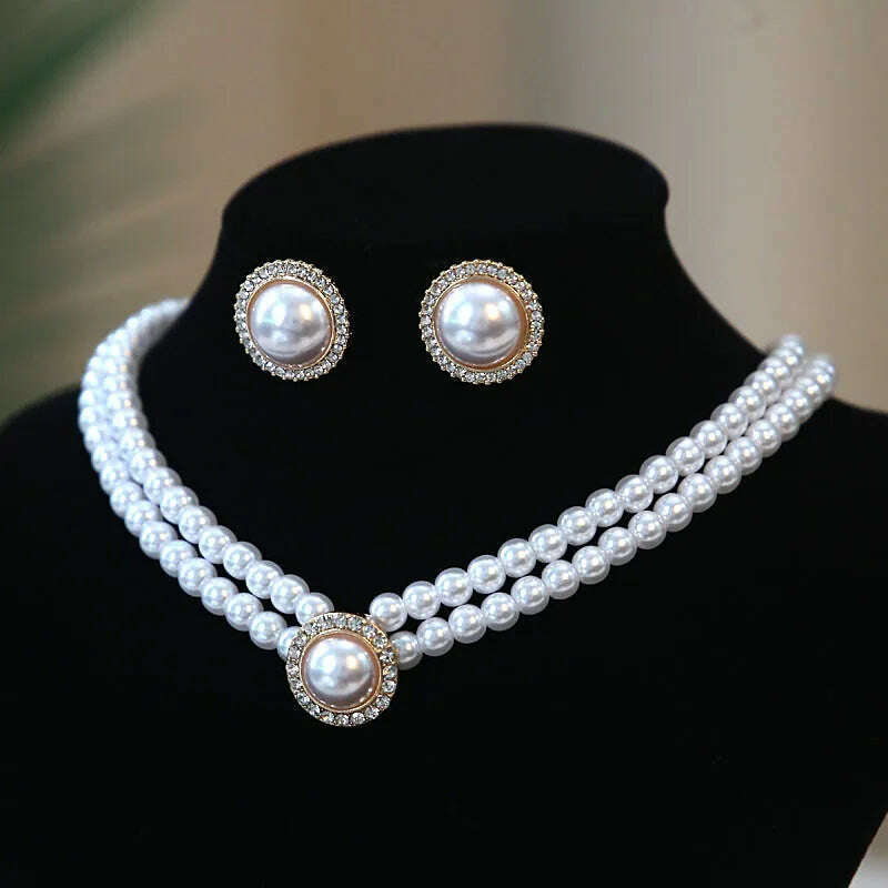 Women Elegant Pearl Double Layers Necklace Earrings Exquisite Vintage Classic Chains For Lady Party Wedding Retro Jewelry Choker - KIMLUD