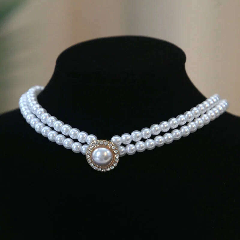 Women Elegant Pearl Double Layers Necklace Earrings Exquisite Vintage Classic Chains For Lady Party Wedding Retro Jewelry Choker - KIMLUD