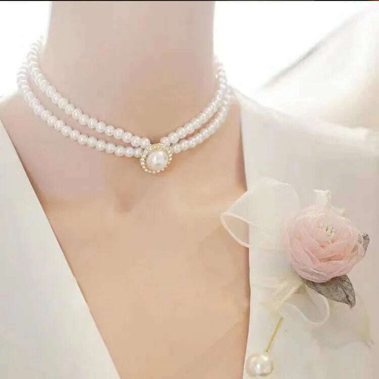 Women Elegant Pearl Double Layers Necklace Earrings Exquisite Vintage Classic Chains For Lady Party Wedding Retro Jewelry Choker - KIMLUD