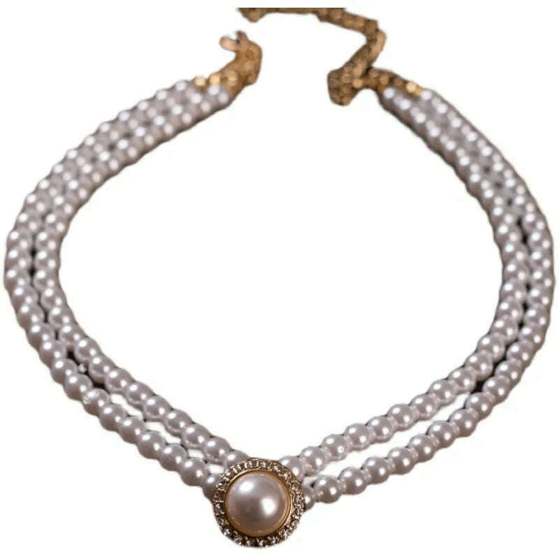 Women Elegant Pearl Double Layers Necklace Earrings Exquisite Vintage Classic Chains For Lady Party Wedding Retro Jewelry Choker - KIMLUD