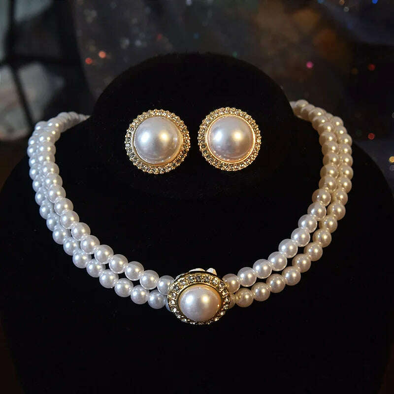 Women Elegant Pearl Double Layers Necklace Earrings Exquisite Vintage Classic Chains For Lady Party Wedding Retro Jewelry Choker - KIMLUD
