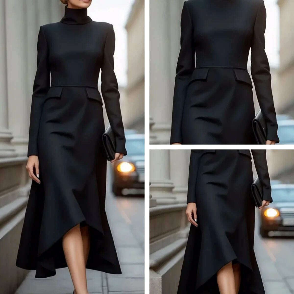 KIMLUD, Women Fashion Formal Commute Dress High Neck 2025 New Long Sleeve Vestidos Spring Fall Elegant Church Dresses Evening Party Robe, KIMLUD Womens Clothes