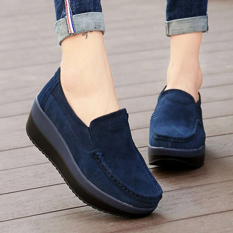 Women Flat Platform Loafers Ladies Elegant Suede Leather Moccasins Shoes Woman Slip On Moccasin Women's Blue Casual Shoes - KIMLUD