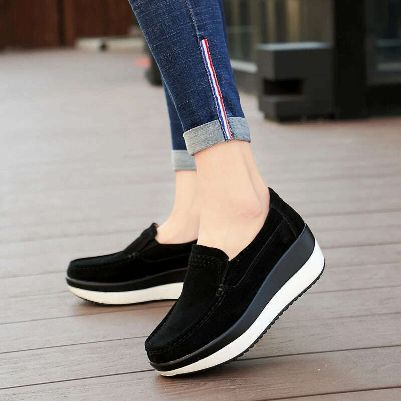 Women Flat Platform Loafers Ladies Elegant Suede Leather Moccasins Shoes Woman Slip On Moccasin Women's Blue Casual Shoes - KIMLUD