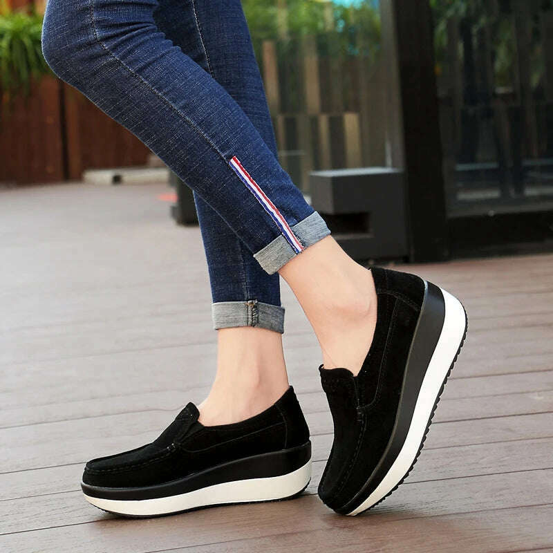 Women Flat Platform Loafers Ladies Elegant Suede Leather Moccasins Shoes Woman Slip On Moccasin Women's Blue Casual Shoes - KIMLUD