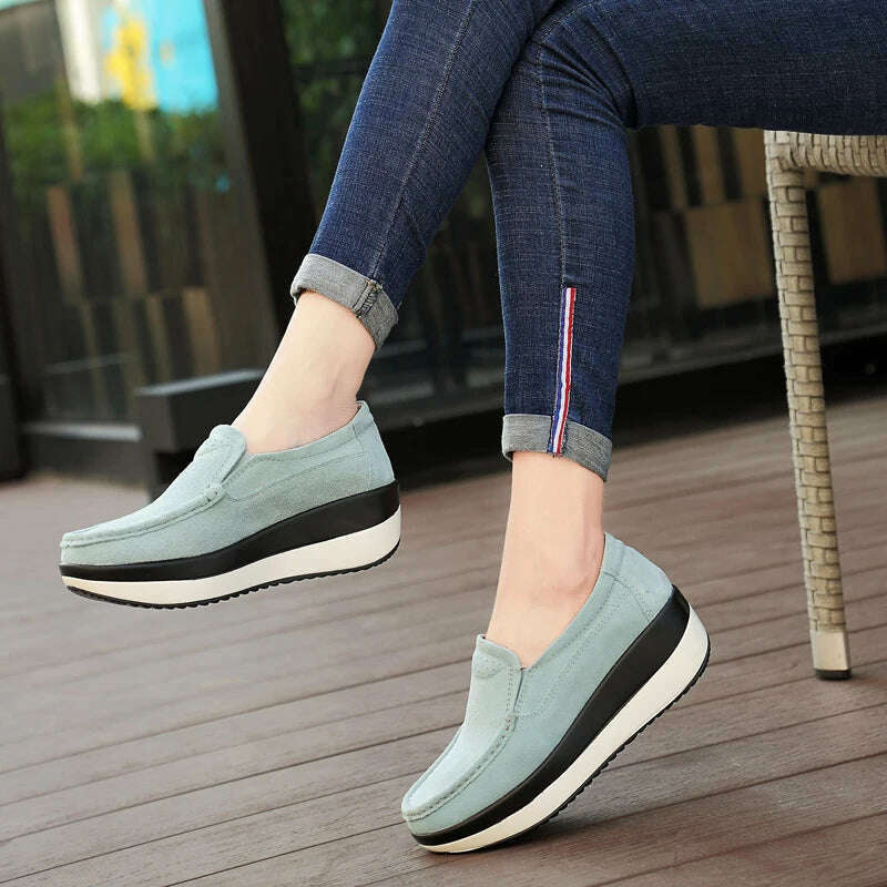 Women Flat Platform Loafers Ladies Elegant Suede Leather Moccasins Shoes Woman Slip On Moccasin Women's Blue Casual Shoes - KIMLUD