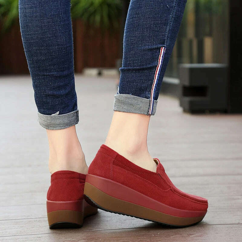 Women Flat Platform Loafers Ladies Elegant Suede Leather Moccasins Shoes Woman Slip On Moccasin Women's Blue Casual Shoes - KIMLUD
