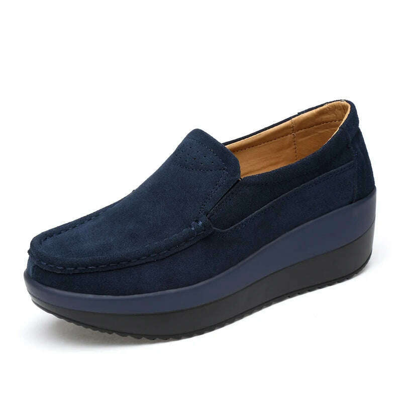 Women Flat Platform Loafers Ladies Elegant Suede Leather Moccasins Shoes Woman Slip On Moccasin Women's Blue Casual Shoes - KIMLUD