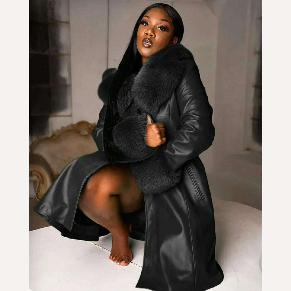 Women Leather Coat Fur Collar Winter Fashion Lapel Long Sleeve PU Zipper Plus Size Casual Womens Jackets - KIMLUD