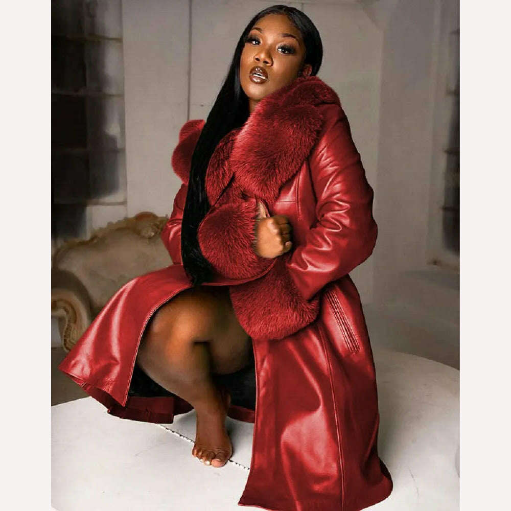 Women Leather Coat Fur Collar Winter Fashion Lapel Long Sleeve PU Zipper Plus Size Casual Womens Jackets - KIMLUD