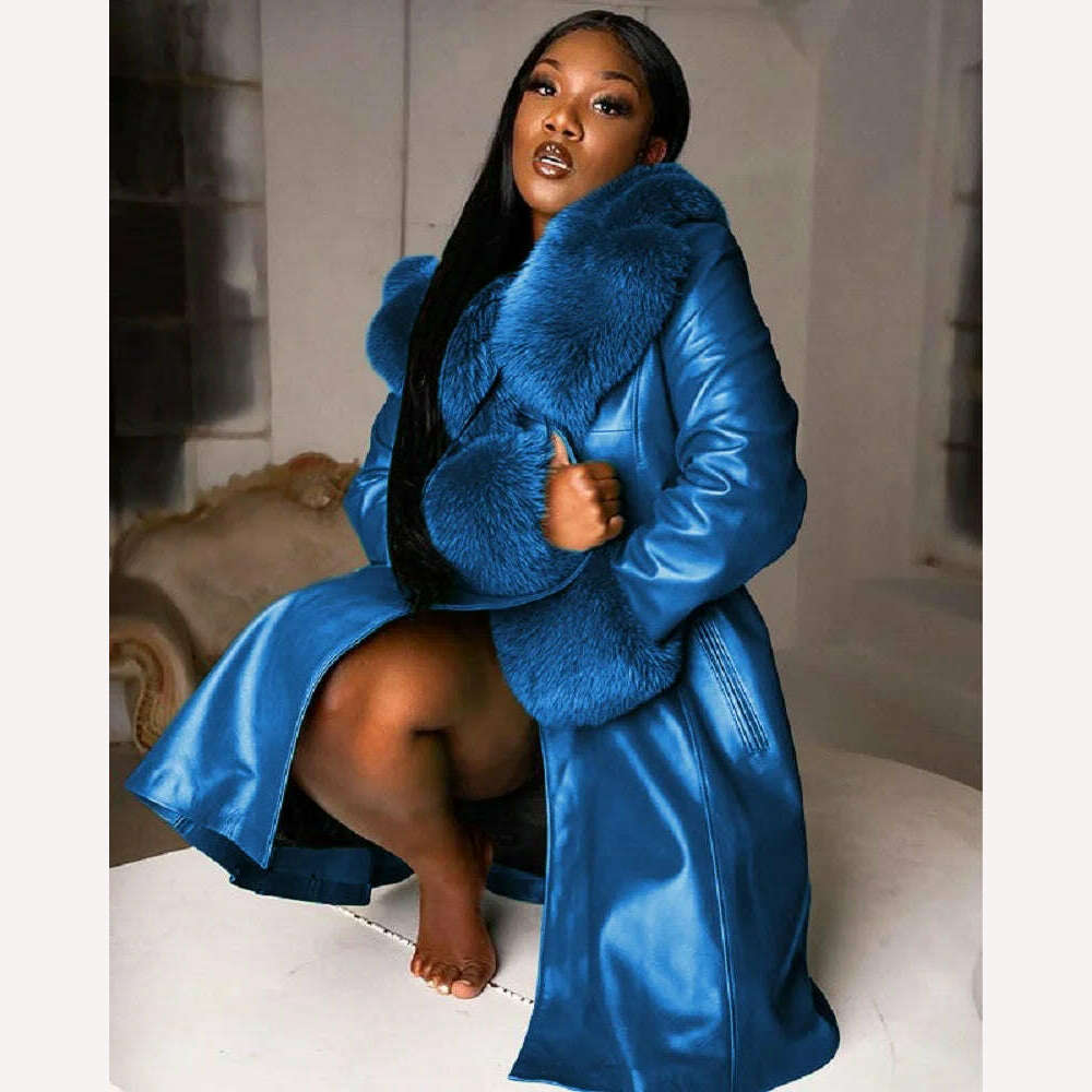 Women Leather Coat Fur Collar Winter Fashion Lapel Long Sleeve PU Zipper Plus Size Casual Womens Jackets - KIMLUD