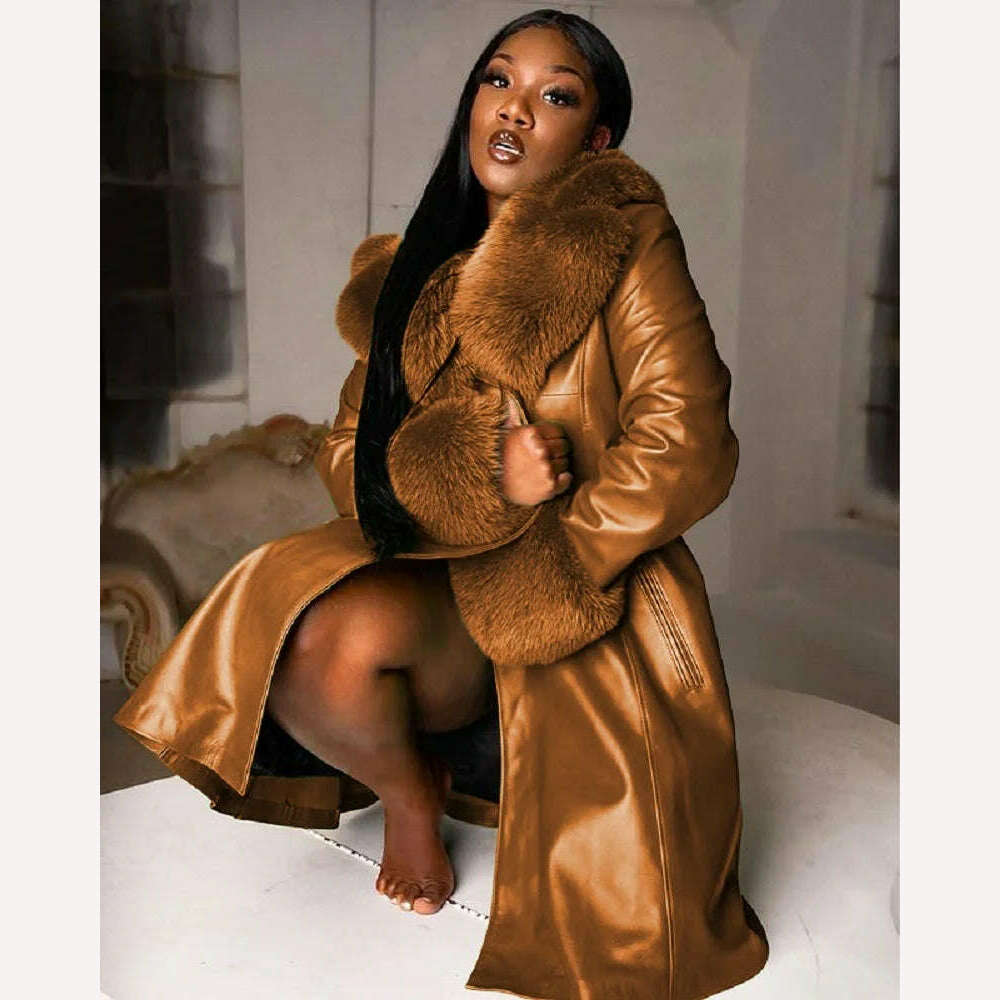 Women Leather Coat Fur Collar Winter Fashion Lapel Long Sleeve PU Zipper Plus Size Casual Womens Jackets - KIMLUD