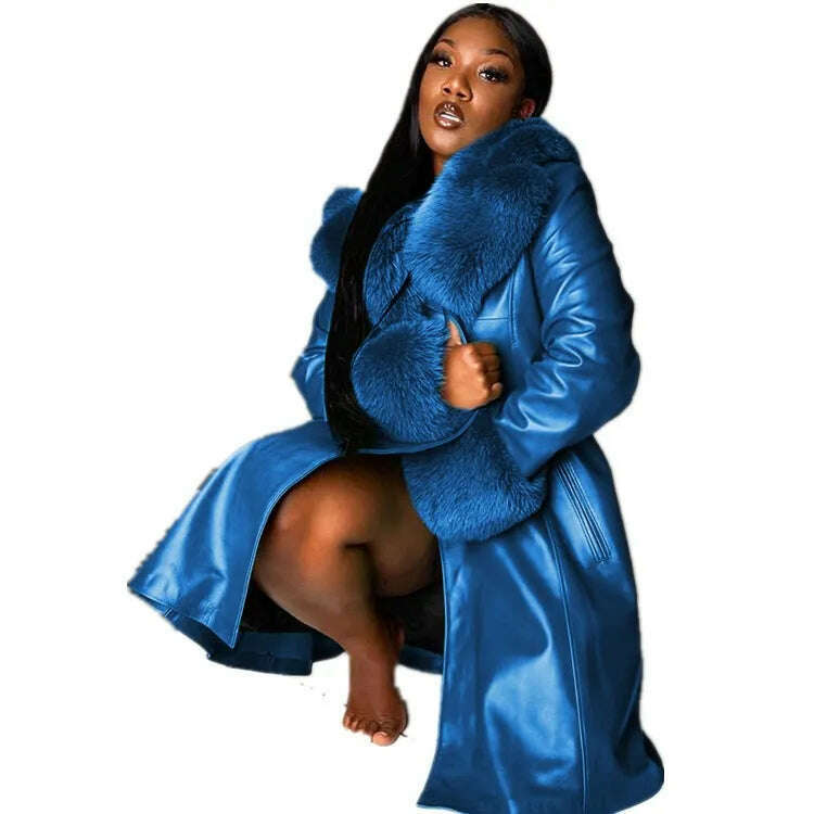 Women Leather Coat Fur Collar Winter Fashion Lapel Long Sleeve PU Zipper Plus Size Casual Womens Jackets - KIMLUD
