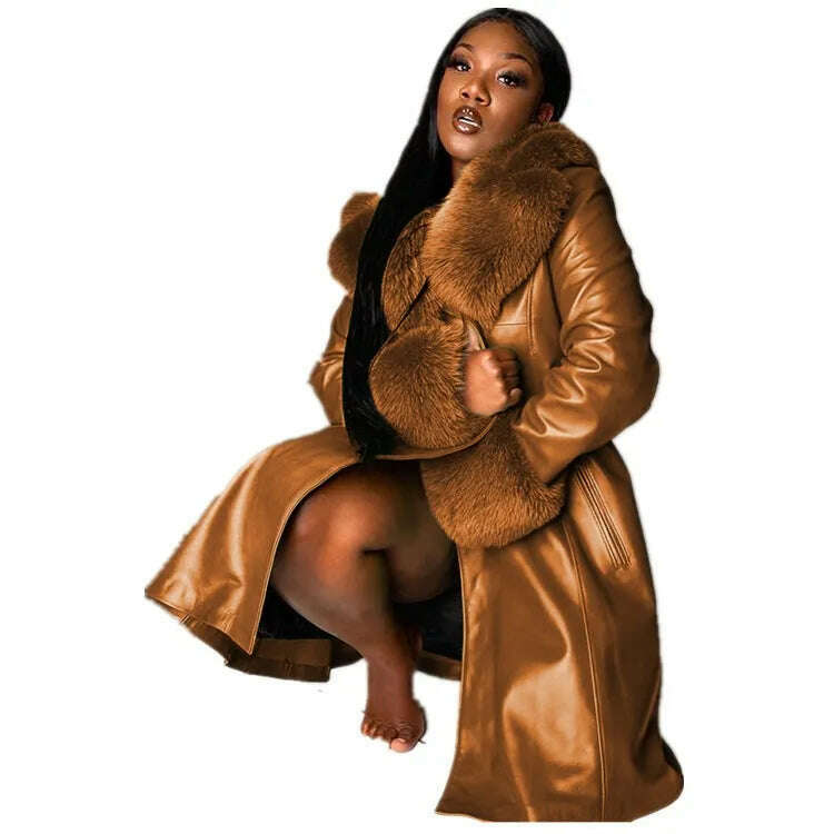 Women Leather Coat Fur Collar Winter Fashion Lapel Long Sleeve PU Zipper Plus Size Casual Womens Jackets - KIMLUD